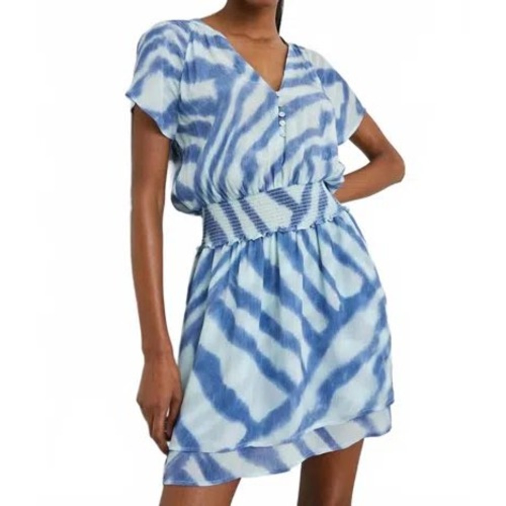 Rails Karla Dress Blue Watercolor Stripes Smocked Waist Tiered Mini Day to Night